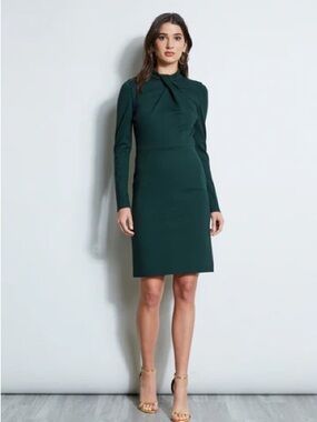 Elie Tahari twist knit long sleeve dress in jadite green.
